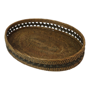 Antique Rattan Oval Tray with Detail