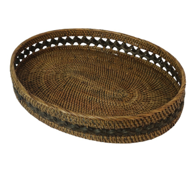 Antique Rattan Oval Tray with Detail