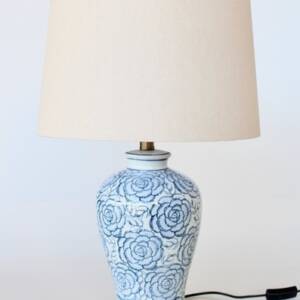 Blue Floral Ceramic Lamp with Linen